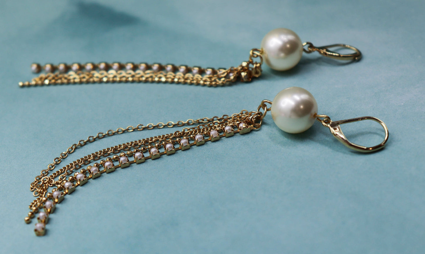 עגילי זהב ופנינה ארוכים פרל גירל Princess K Jewelry